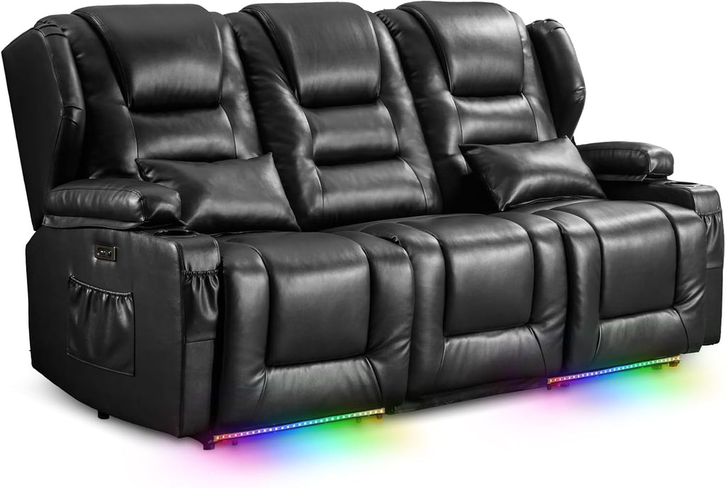 Power Loveseat Recliner Sofa with Adjustable Split Back, Multi-Port Charger, Flip-Up Backrest & LED Lighting