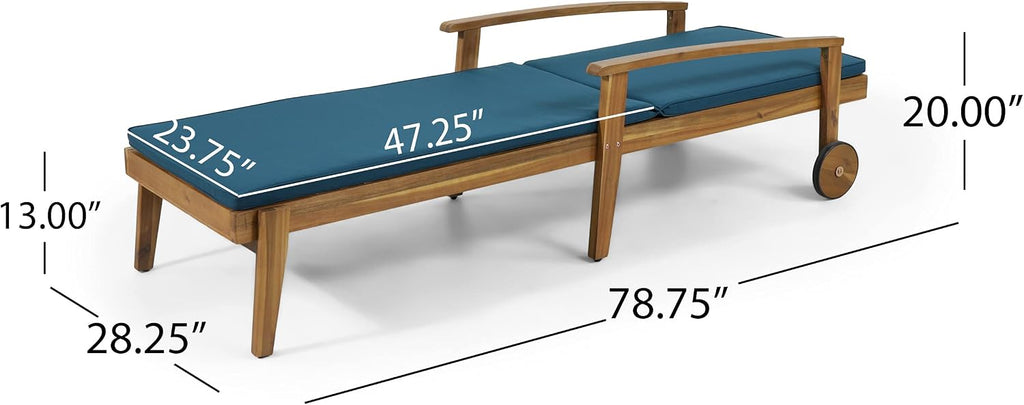 Outdoor Chaise Lounge with Water Resistant Cushion - Acacia Wood - Teak/Blue (Set of 2)