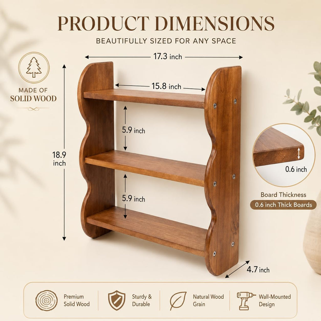 Solid Wood Floating Shelves for Wall, 3 Tier Rustic Vintage Wall Mounted Shelf, Wood Wall Storage Rack, Decorative