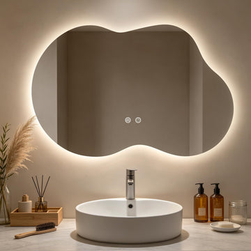 46"x26" Asymmetrical Bathroom Mirror with Lights, Irregular LED Backlit Vanity Mirror for Modern Master Bathroom