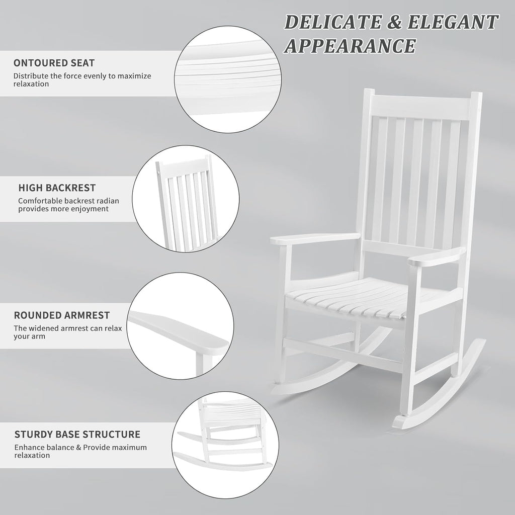 Outdoor Rocking Chair, Solid Wood High Back Porch Rocker, White | All-Weather Lounge Design Supports Patio, Fire Pit