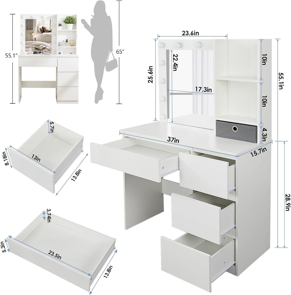 Makeup Vanity with Lights, 37inch Vanity Desk, 4 Large Drawers Dresser with Lighted Mirror, 3 Lighting Modes