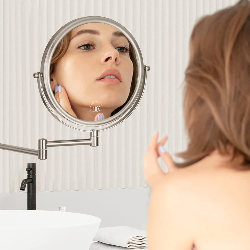 Wall Mounted Makeup Mirror - 1X/10X Magnifying Mirror Double Sided, 8 Inch Extendable Bathroom Mirror, Nickel Finish