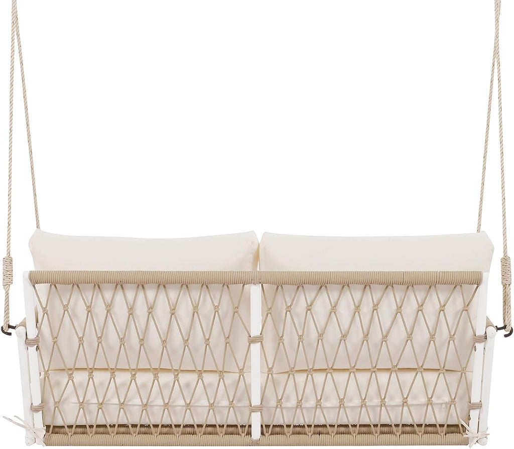 51.6" Porch Swing Bed with Cushions, 2-Person Patio Swing Bench, PE Wicker Outdoor Hanging Seat with Woven Rattan