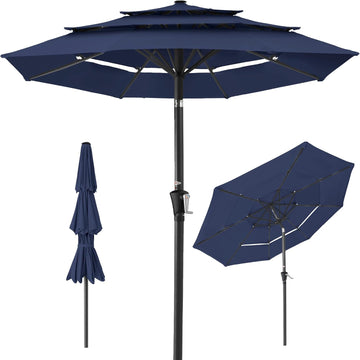 10ft 3-Tier Market Patio Umbrella, Outdoor Sun Shade with Tilt, Crank Lift, 8 Ribs - Navy Blue
