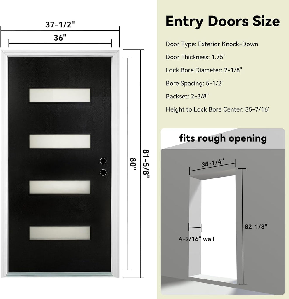 Fiberglass Exterior Door 36" x 80" with Frosted Glass and Brickmould, Left-Hand Inswing Front Door, Black Finish