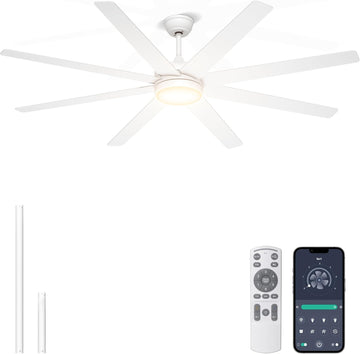 72 Inch Large Ceiling Fans with Lights, 8 Blades White Ceiling Fan Remote/APP Control, Dimmable