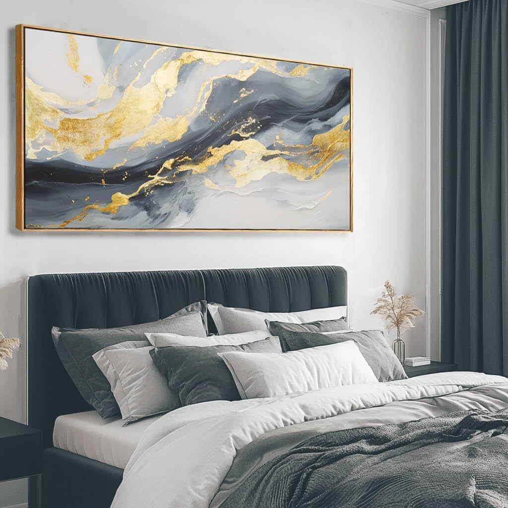 Framed Canvas Pictures Gold Wall Art Abstract Wall Art Blue Decor Metal Arts Large Prints Picture 24"x48" Artwork