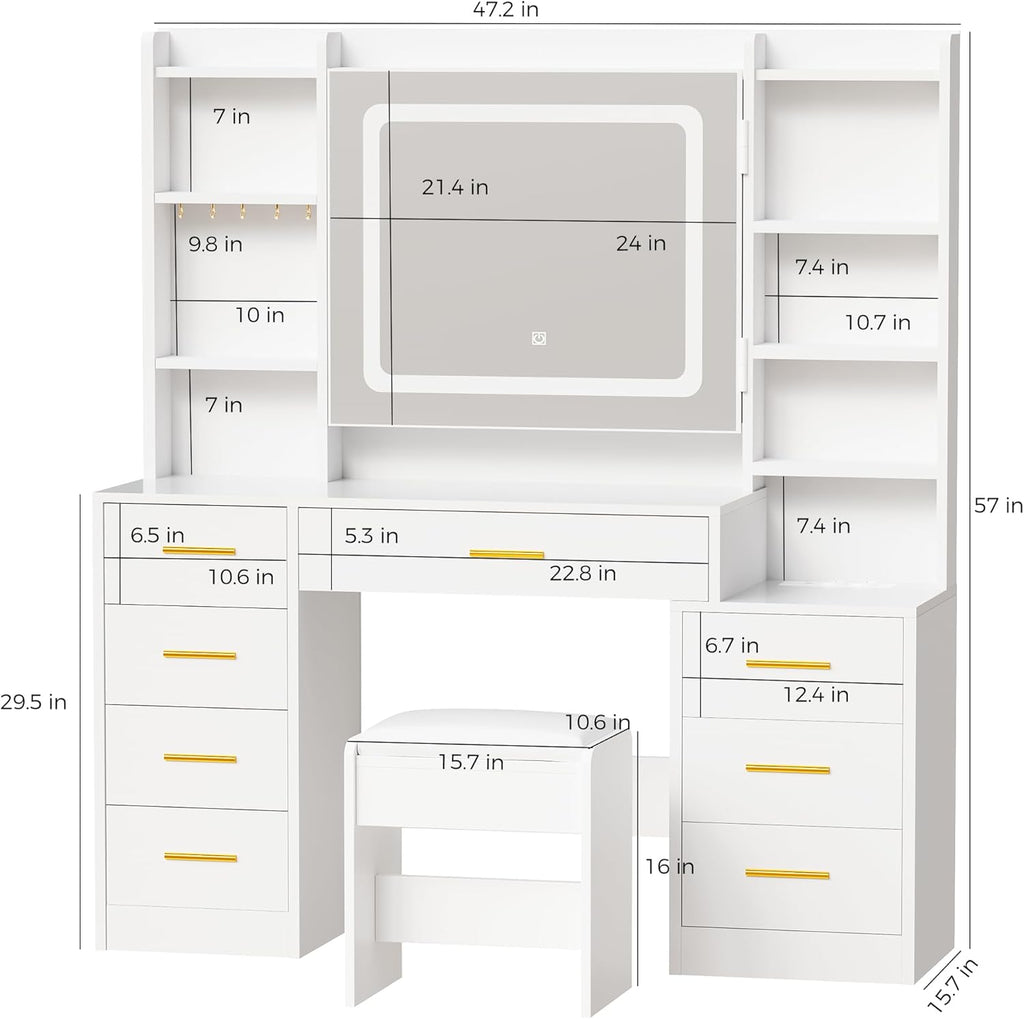 Large Makeup Vanity Desk with Lights,12 Hooks and Cushioned Stool | White Vanity Table with Power Outlet,3 Lighting