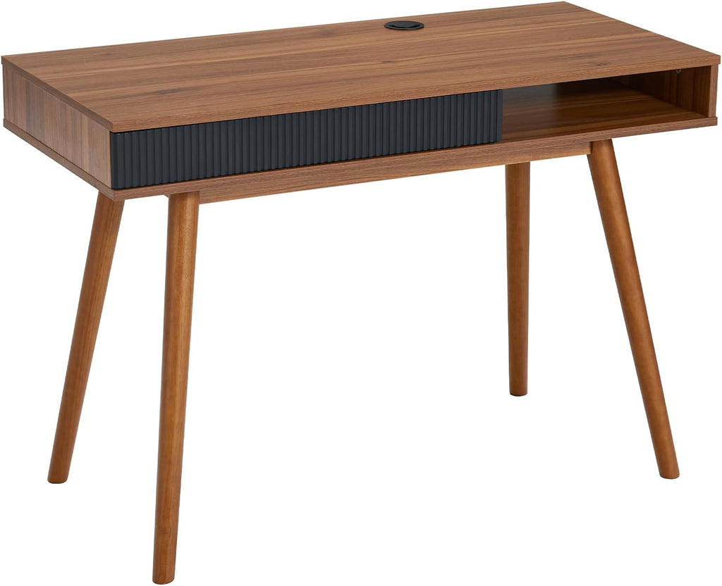 Mid Century Modern Office Desk with Drawer & Open Cubby, 42.5" Walnut Writing Desk with Cable Grommet, Solid Wood Legs