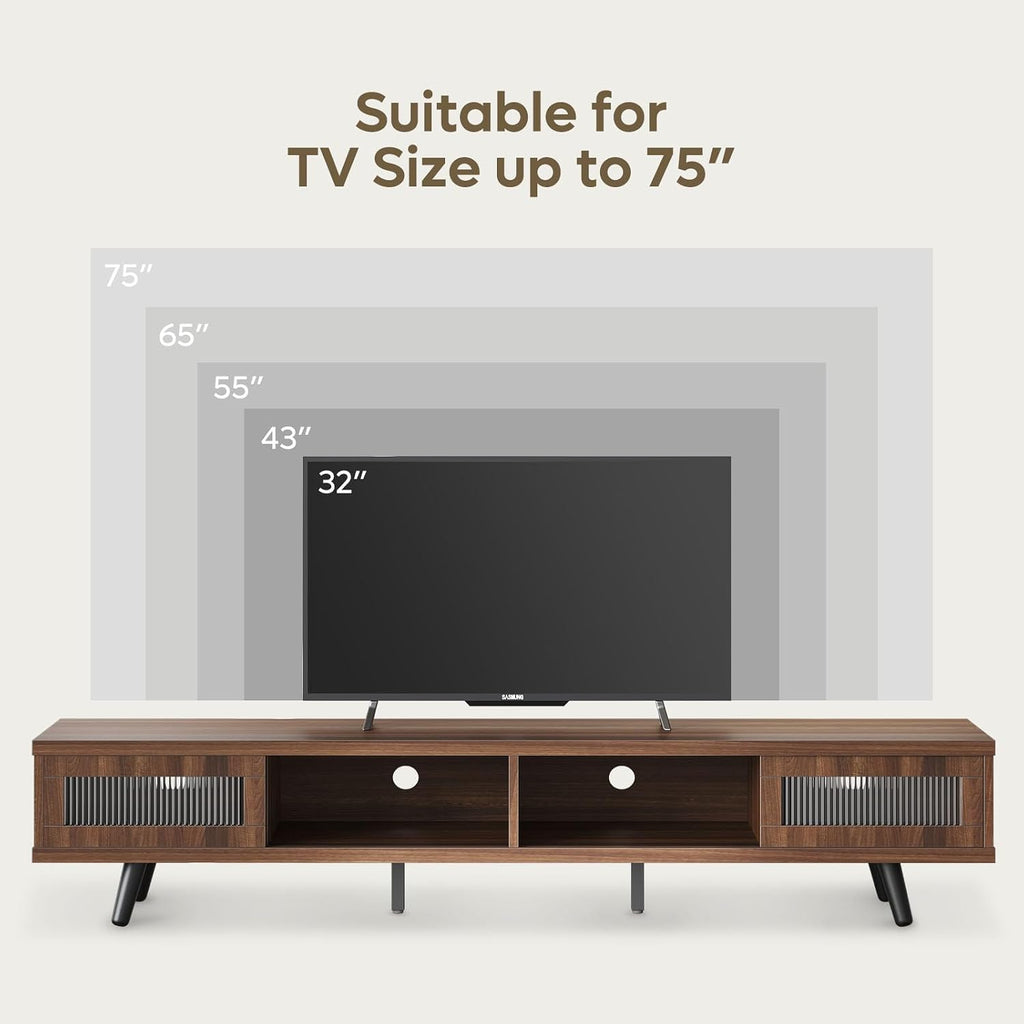 Mid Century Modern TV Stand for 75 inch TV, LED Entertainment Center with Storage and Sliding Doors, Low Profile TV