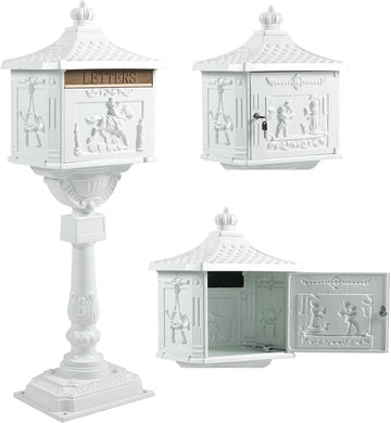Cast Aluminum Mailbox, White Lockable Postal Box with Keys, Heavy Duty Vertical Letter Box Yard