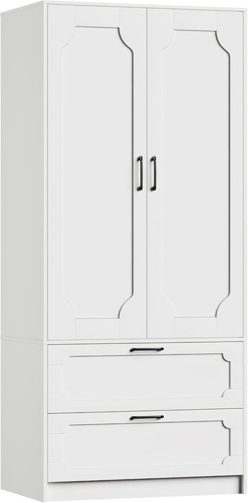 71''H Armoire Wardrobe Closet with 2 Doors and 2 Drawers | Modern Clothing Storage Cabinet with Hanging Rod, Wooden