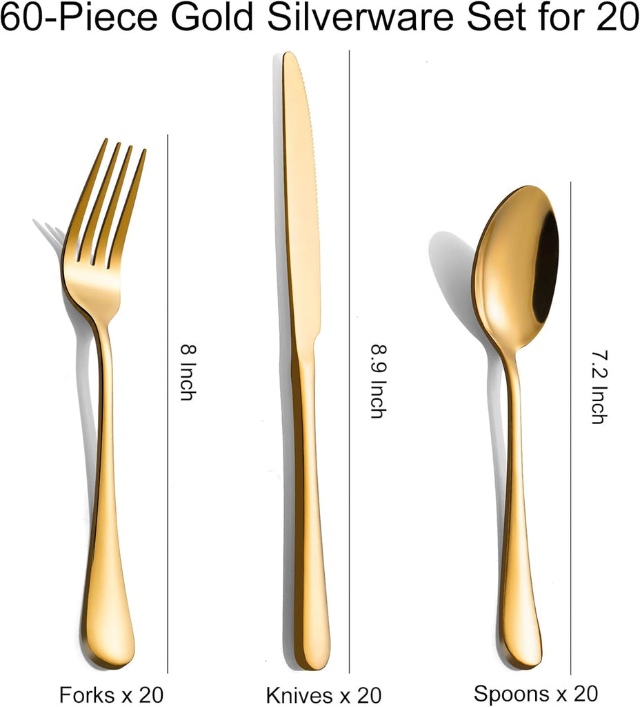 60-Pcs Gold Silverware Set - Stainless Steel Flatware Cutlery Set Service for 20