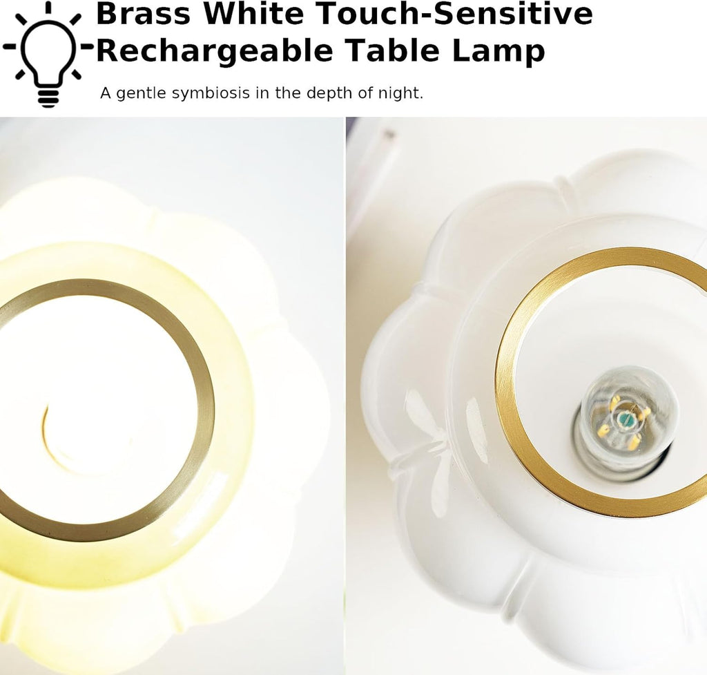 Mushroom Lamp, Cordless Rechargeable Table Lamp with Brass Base & White Glass Shade, 4W Dimmable Bedside Table Lamp