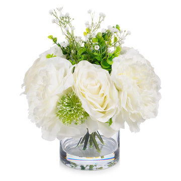Artificial Rose Flowers in Vase, Mixed White Rose and Silk Peonies in Vase with Faux Water for Dining Table
