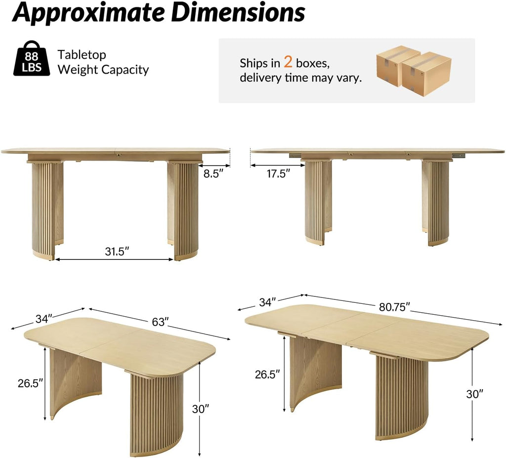 63-80 Inch Extendable Round Dining Table for 4-6, Wooden Oval Kitchen Table with Hidden Leaf & Rounded Corners