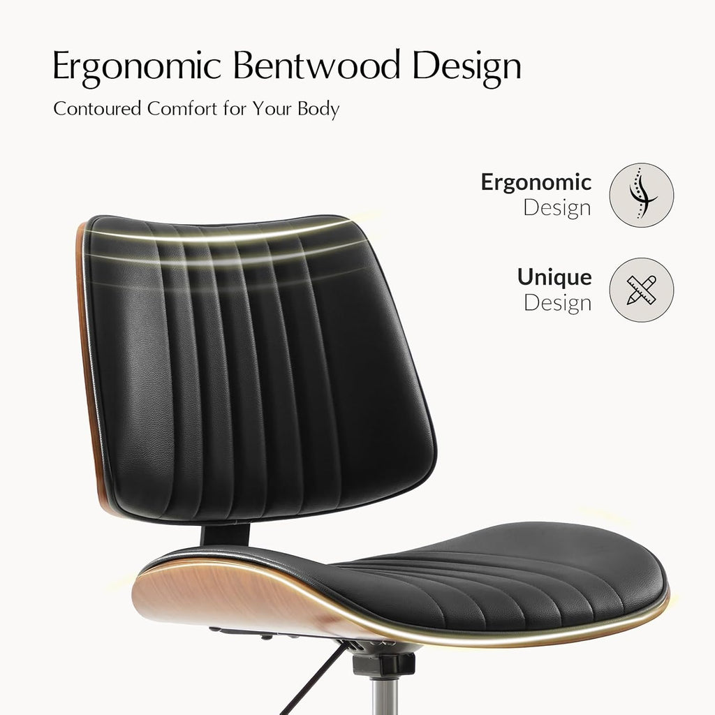 Faux Leather Home with Solid Wood Legs, 360° Swivel Desk Chair No Wheels with Bentwood Design, Mid-Century Modern