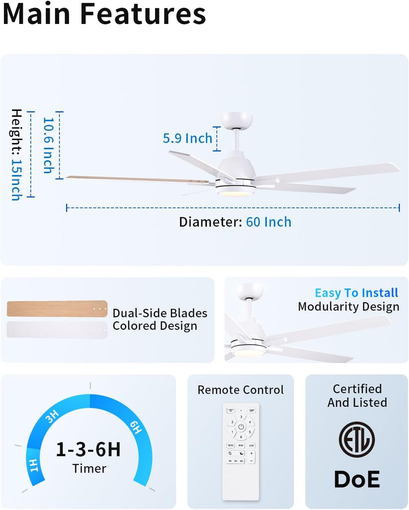 60 Inch Ceiling Fans with Lights and Remote, White Ceiling Fan , 5 Blades, Downrod