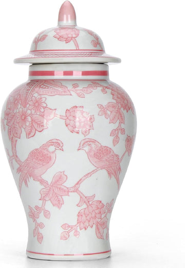 11′′ Pink Ginger Jar with Lid Porcelain Stylized Songbirds Floral Temple Jar