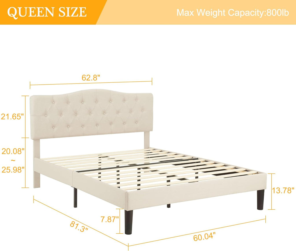 Queen Platform Bed Frame with Fabric Upholstered Headboard and Wooden Slats Support