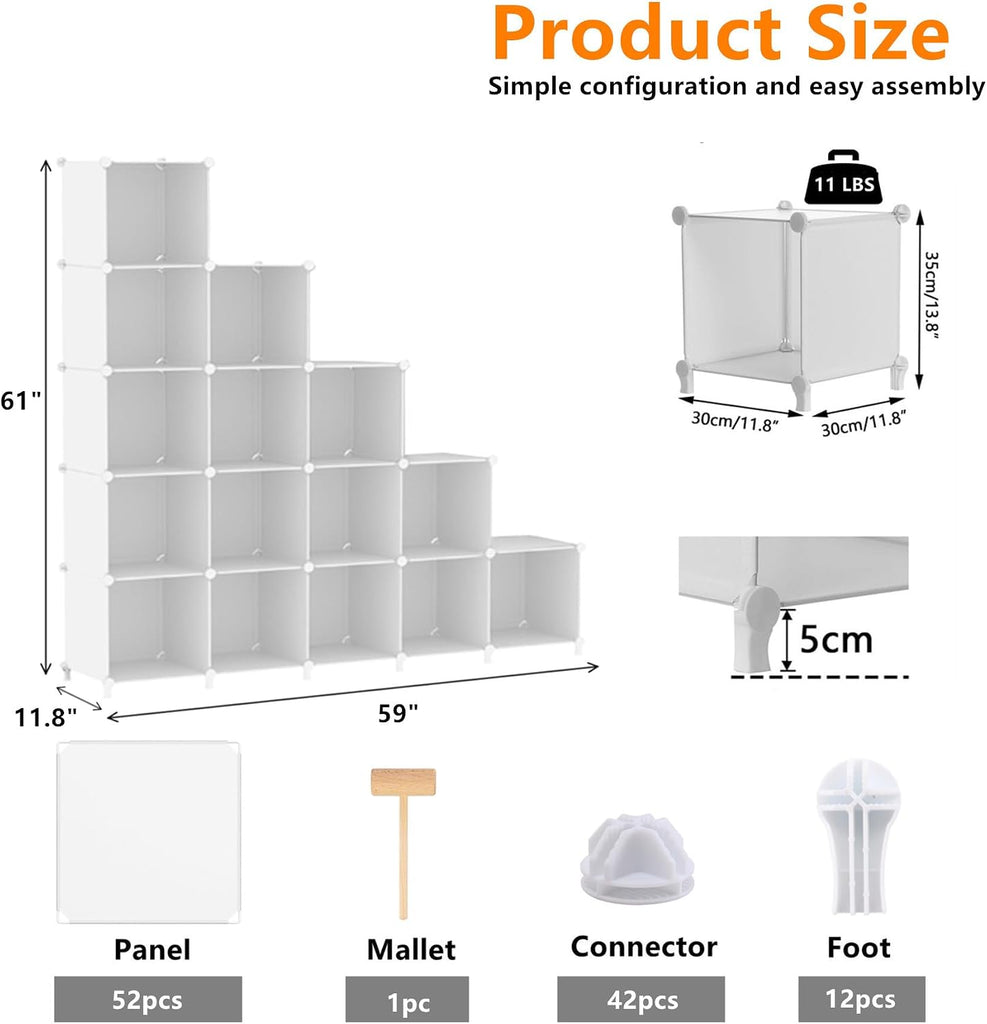 Cube Storage Organizer, 16 Cube Closet Organizer, White | Stackable Storage Cube Shelves, DIY Portable Closet Clothes
