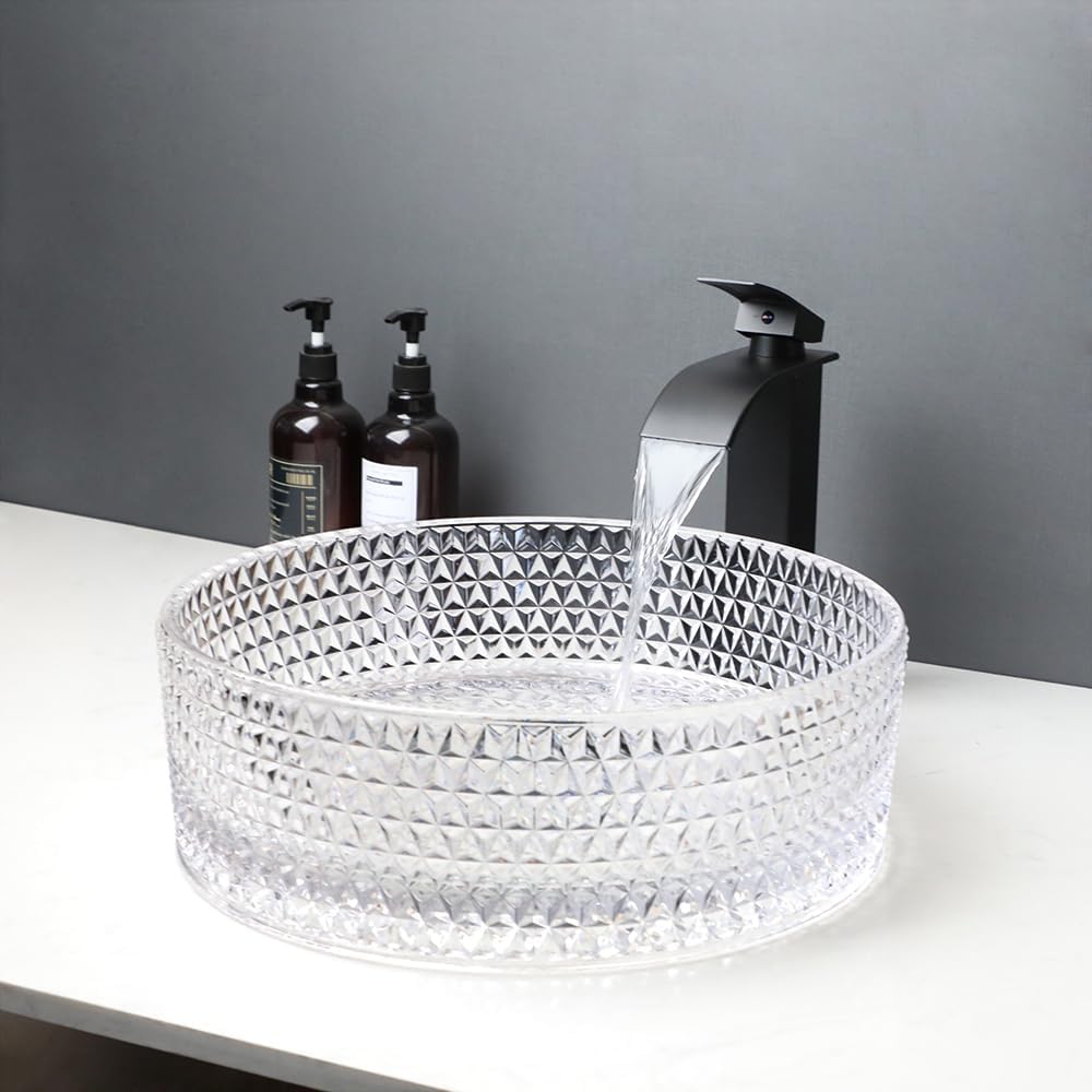 16 Inch Crystal Bathroom Vessel Sink with Faucet and Drain Combo,Diamond Shaped Clear Tempered Glass Vessel Sink Above