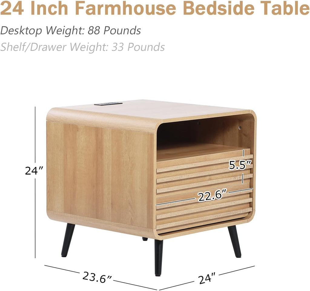 Modern Nightstand with Charging Station, 24" Night Stands with 2 Drawers, Wood Fluted End Table with Storage, Oak