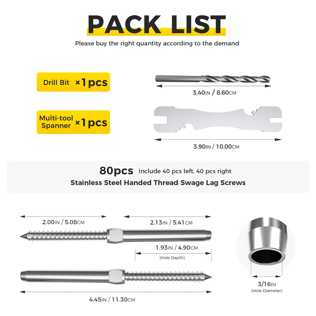 80 Pack 3/16" Stainless Steel Cable Railing kit for Wood Post
