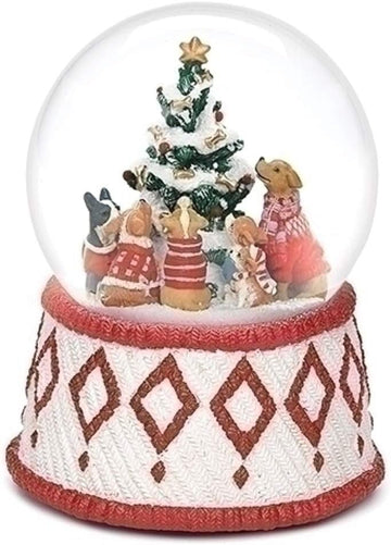 100MM 6" Musical Christmas Snow Globe with Dogs Around a Christmas Tree - Plays "O Christmas Tree" - Glitterdome