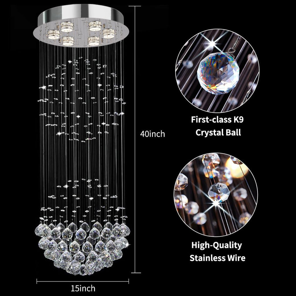 Contemporary 2 Balls Raindrop Crystal Chandelier Flush Mount Cylinder Chandelier Light Fixture Ceiling Lamp for Dining Room Living Room Kitchen Foyer Hallyway