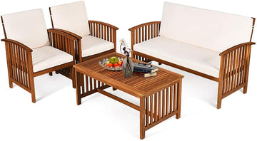 Outdoor 4 Pcs Acacia Wood Sofa Set w/Water Resistant Cushions, Padded Patio Seating Chat Set w/Coffee Table for