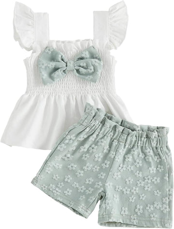 Toddler Girl Summer Outfit Baby Girl Smocked Ruffle Sleeveless Shirt Top and Shorts Set 2 Piece Outfits