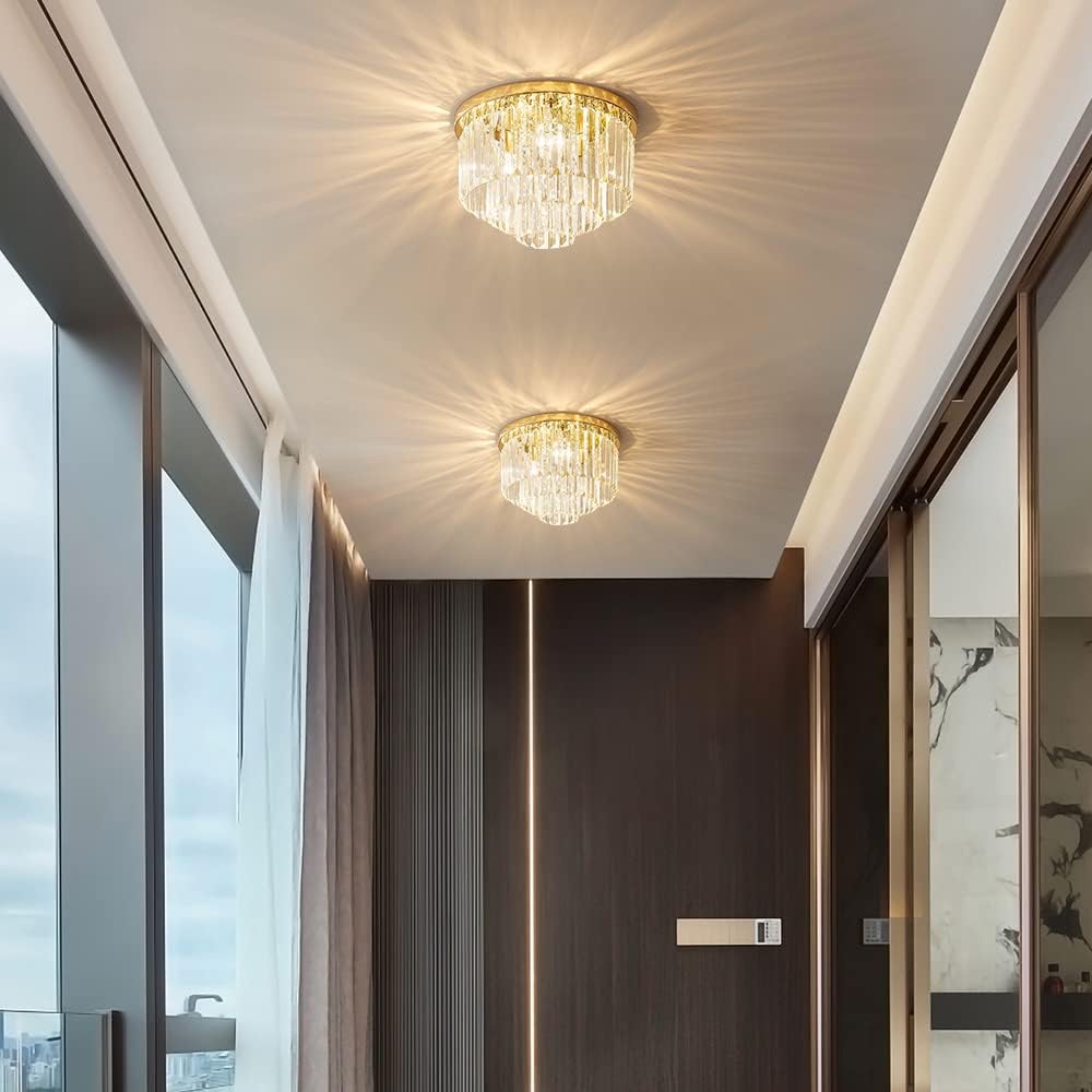 Modern French Gold Crystal Chandelier Ceiling Light,16" Semi Flush Mount 5-Lights 3-Tier Crystal Round Chandelier