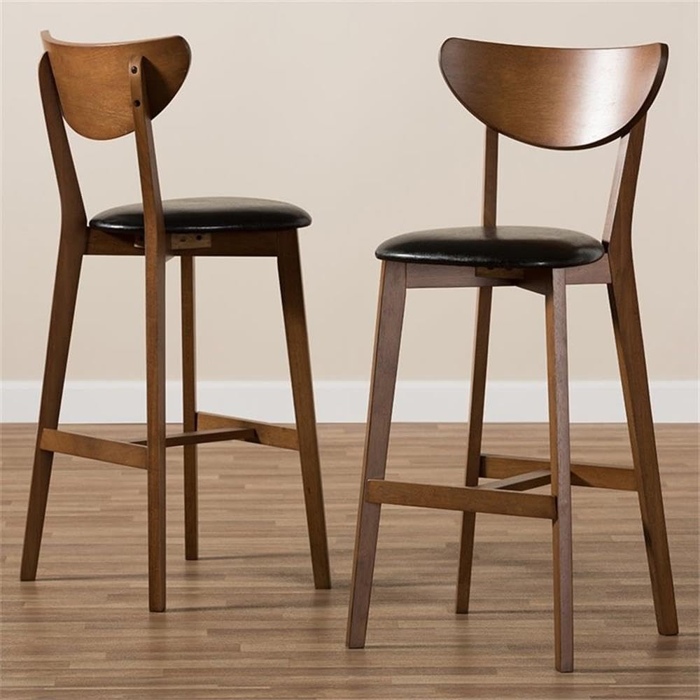 30" Bar Stools, Faux Leather and Rubberwood, Black and Walnut Brown Finish, Set of 2, Bentwood Back, Mid-Century