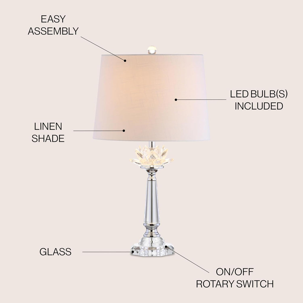 24.5" Clear Crystal LED Table Lamp, Hollywood Regency Modern Glam Candlestick Lamp with White Linen Drum Shade Bedroom