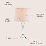 24.5" Clear Crystal LED Table Lamp, Hollywood Regency Modern Glam Candlestick Lamp with White Linen Drum Shade Bedroom