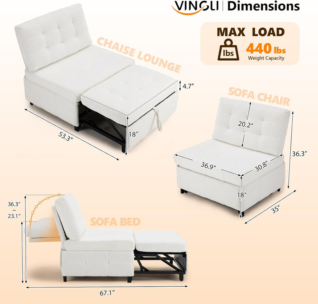 Convertible Sofa Bed Tufted Teddy Fleece Sleeper Chair Bed Couch Armless Living Room Chairs with Adjustable Backrest