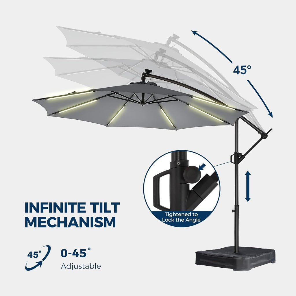 10 ft Offset Patio Umbrella with Solar Lights, LED Lighted Umbrella Outdoor Patio with Base Included