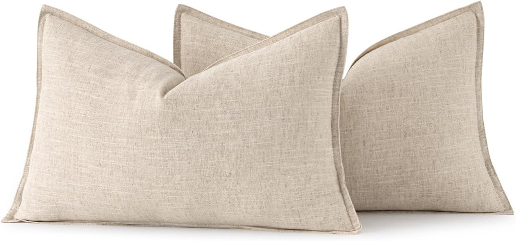 Decorative Linen Lumbar Pillow Covers 12x20 Inch Natural Beige Boho Farmhouse Neutral Couch Throw Pillows