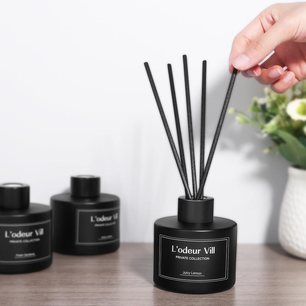 Vill Reed Diffuser, 3.4oz(100ml) Juicy Lemon Reed Diffuser Set with 6 Oil Diffuser Sticks, Matte Black Aroma Scent