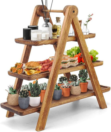 Wood 3 Tier Serving Tray Three Tiered Cupcake Stand, Rectangle Serving Platter Wooden Farmhouse Tiered Tray, Party