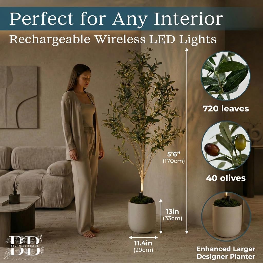 Artificial Olive Tree with Large Modern Planter, Rechargeable Wireless LED Light & Moss - Realistic Fake Potted