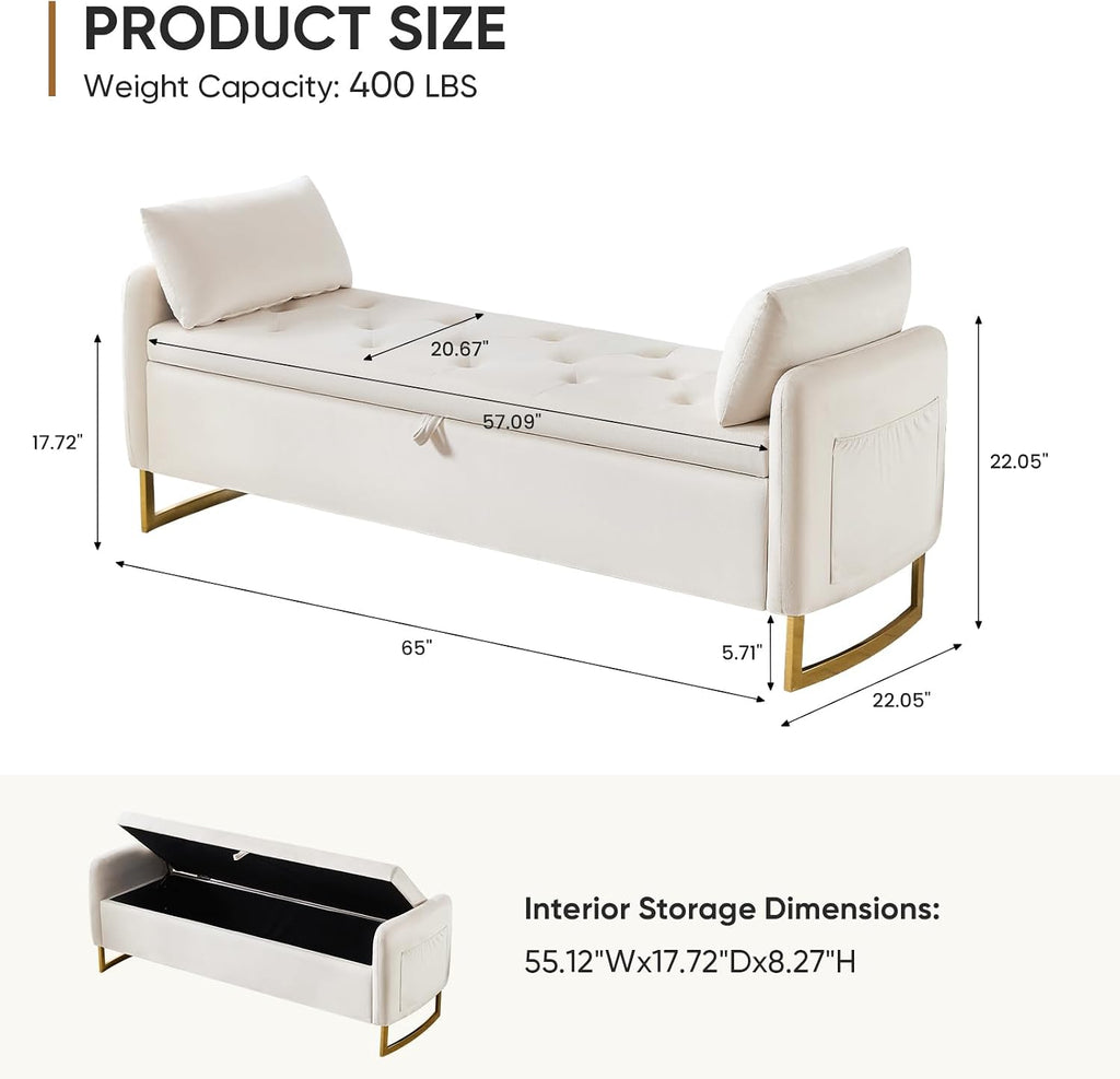 65" End of Bed Storage Bench, Velvet Storage Bench , Bed Bench with Storage, Tufted Upholstered and Gold Legs