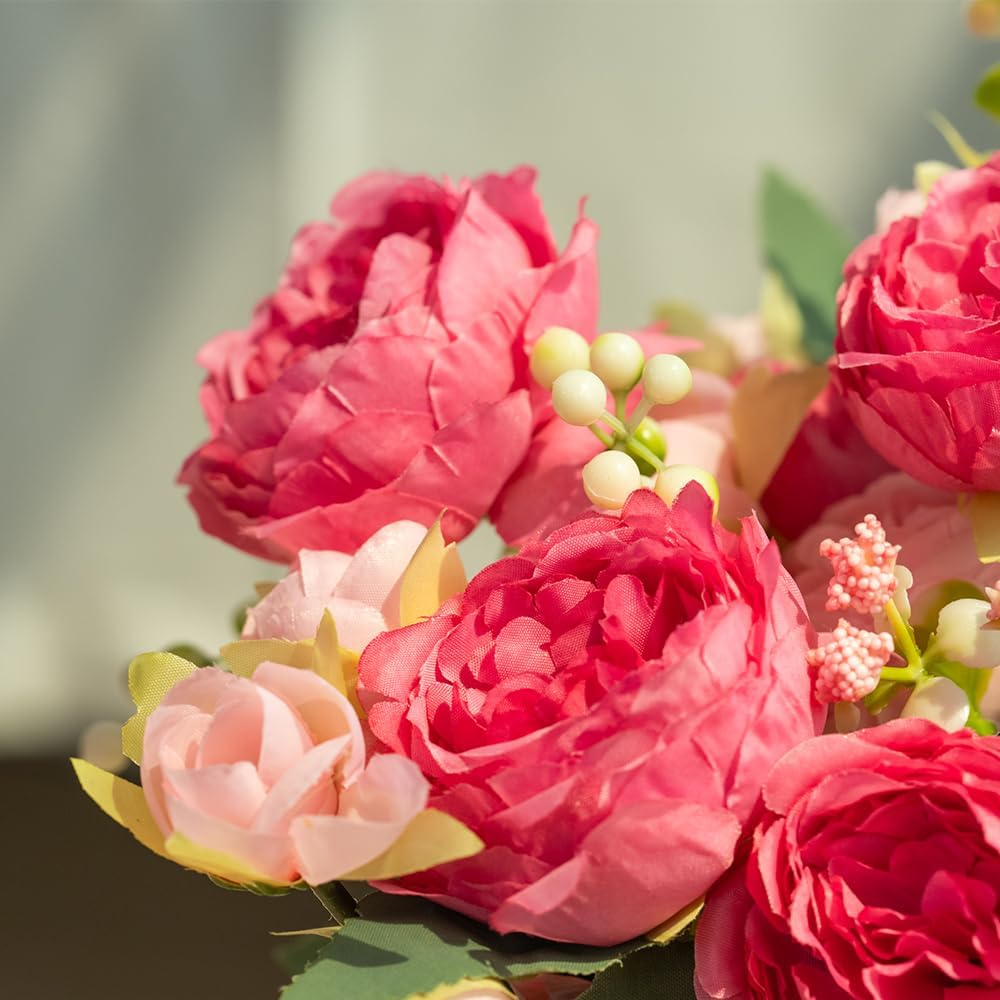 Artificial Peonies Silk Flowers in Glass Vase Faux Flowers Bouquets Modern Penoy Arrangement 4 Pack Decoration Table