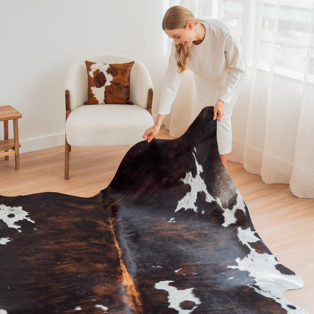 100% Genuine Brazilian Cowhide Rug - Dark Tricolor - Luxury Cowskin Leather Area Rug Décor 7 x 6 feet