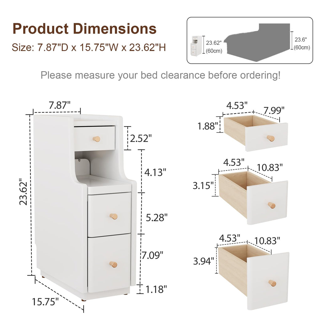 Solid Wood Narrow Nightstand with 3 Drawers, Modern White, Fully Assembled