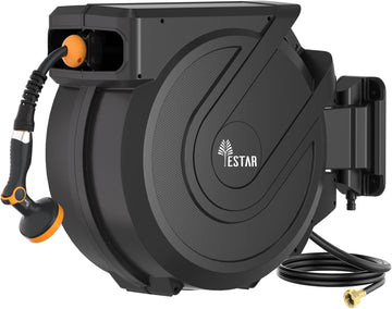 Retractable Garden Hose Reel 5/8 in x100 ft, Wall Mounted Hose Reel | 10- Function Sprayer, Any Length Lock,Automatic