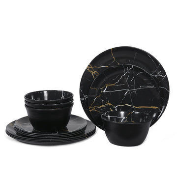 Melamine Dinnerware Sets - 12PCS Plates and Bowls Sets Black Marble Pattern