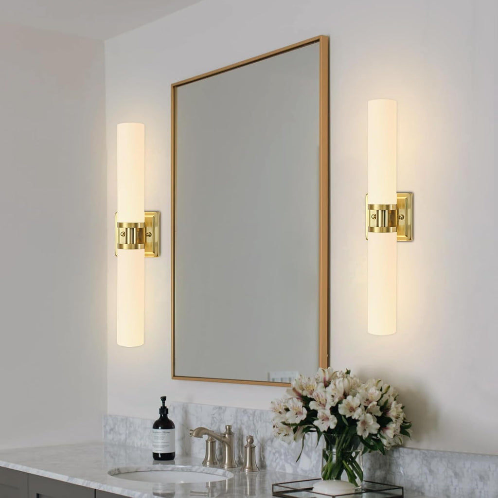 Gold Wall Sconces Set of Two, Bathroom Sconces with Frosted Glass Shade, Modern Vanity Sconces Lighting over Mirror